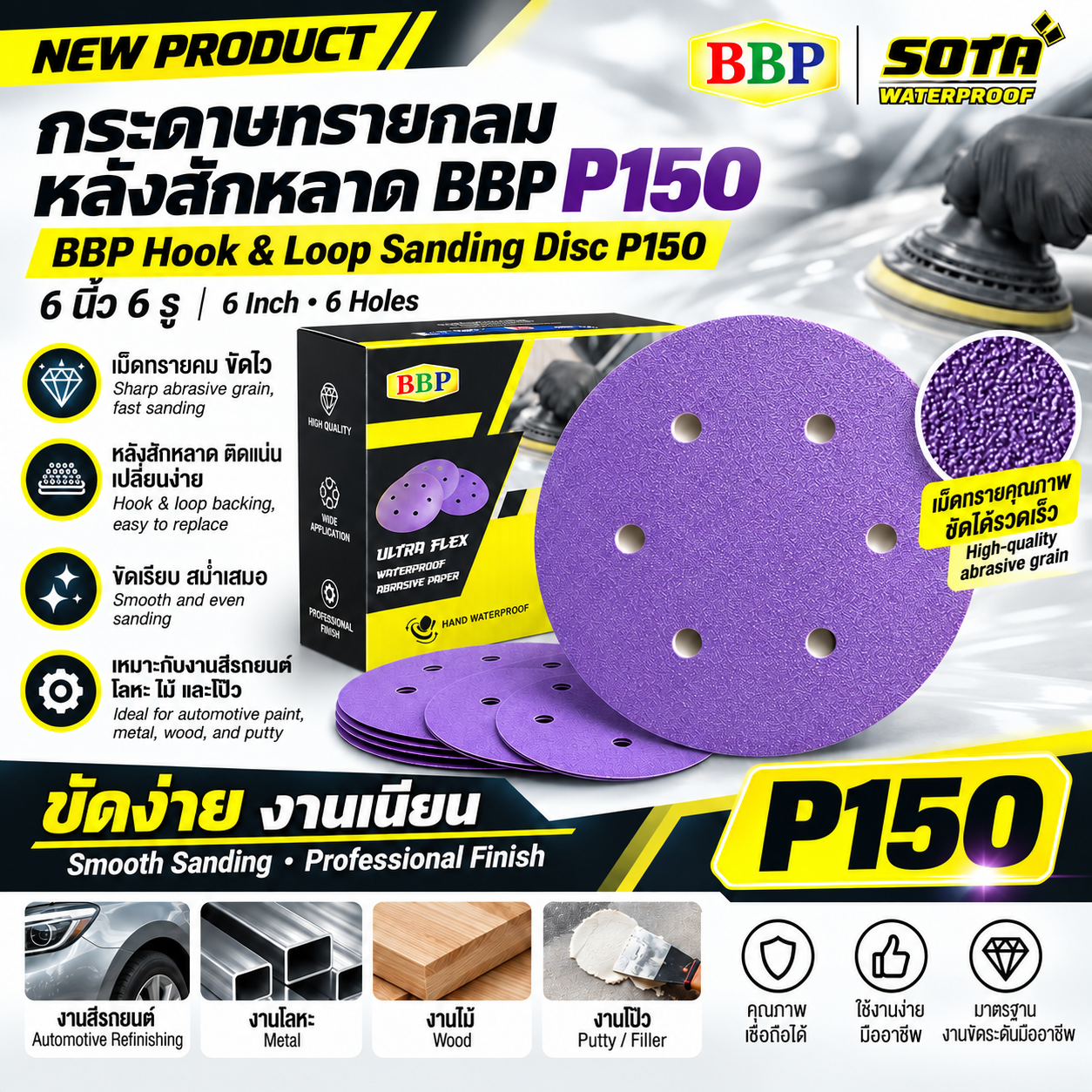 กระดาษทรายกลม BIC-BEN ขนาด 6 นิ้ว #150