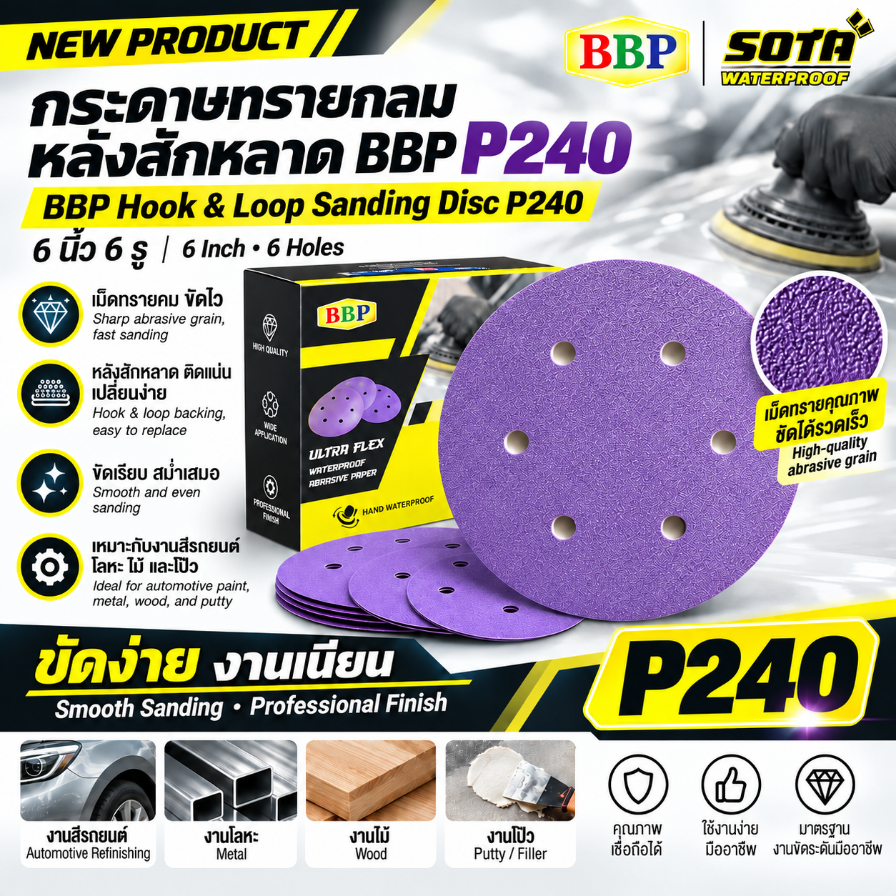 กระดาษทรายกลม BIC-BEN ขนาด 6 นิ้ว #240